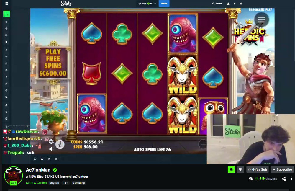 Ac7ionman playing Heroic Spins slot on Stake Casino