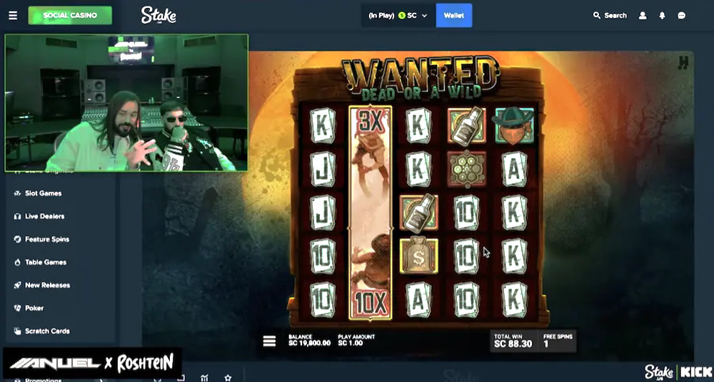 Roshteing streaming on Kick with rapper Anuel, playing Wanted Dead or a Wild slot