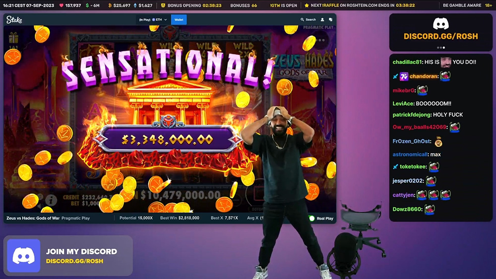 Roshtein streaming on Kick and winning over $3 million on Zeus Hades Gods of War slot