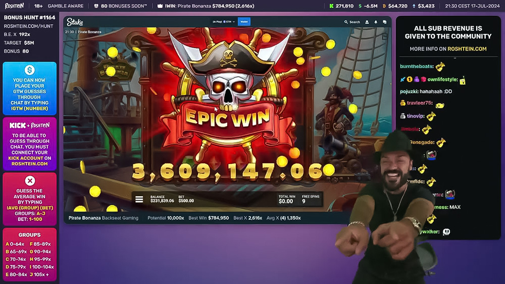 Roshtein playing Pirate Bonanza on Kick and celebrating a $3.6 million win before hitting the max win.