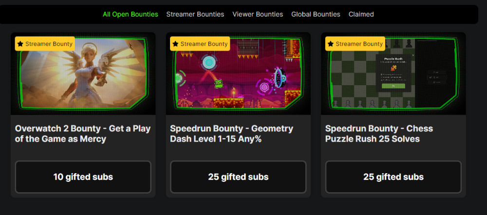 Screenshot of available streamer bounties and their rewards on KickCommunity.com/kick-bounties/