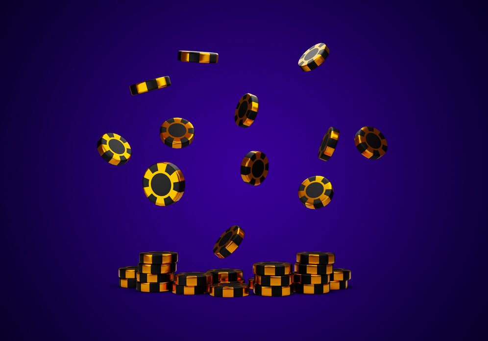 3d falling poker chips on a dark purple background