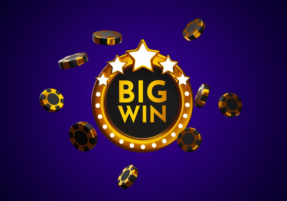 3d casino sign of "Big Win" on a dark purple background with floating poker chips.