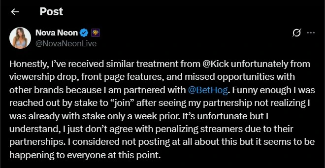 Fellow Kick streamer Nova Neon took to X to back up Ross's claims, posting that she's experienced casino favoritism on Kick as she's not partnering with Stake
