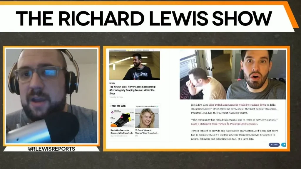 Video screenshot: Investigative journalist Richard Lewis exposed that PhantomL0rd secretly owned CSGOShuffle, a skin gambling site he was actively promoting and betting on during his streams, without ever telling his viewers he was the owner.