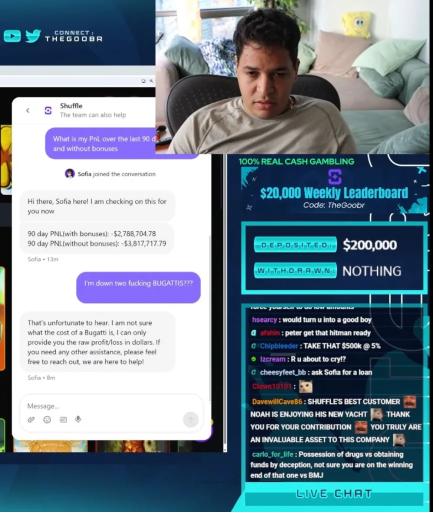 TheGoobr casino streamer contacting Shuffle's customer support to check his balance